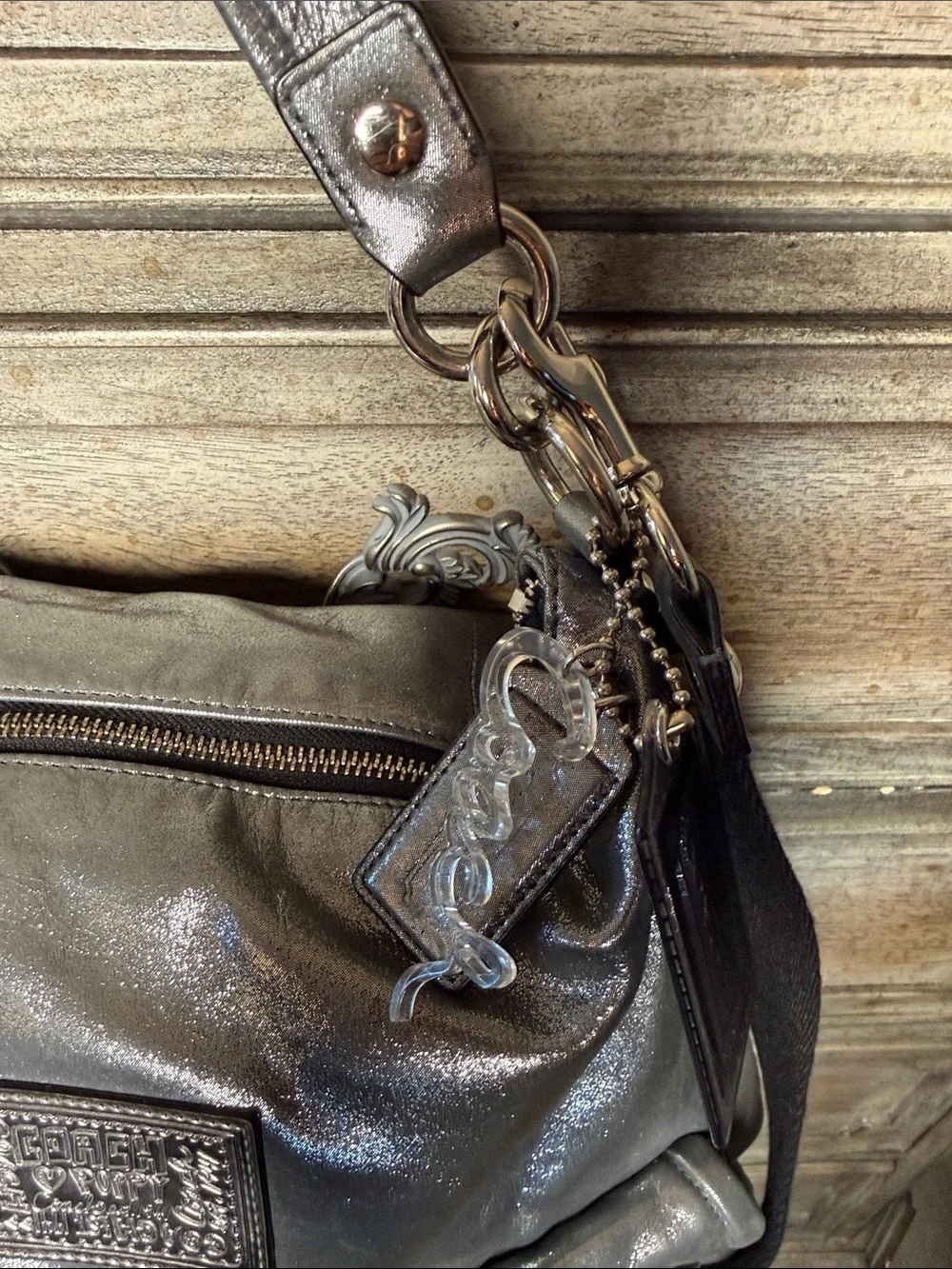Vintage Y2K Coach Poppy Large Metallic Silver Bag with Front Pockets.  Like New.